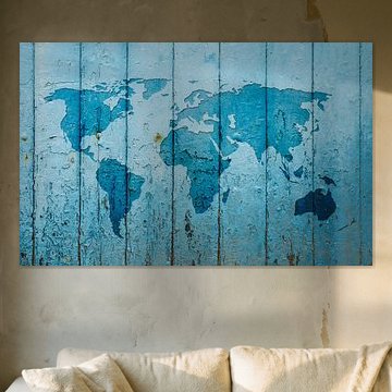 World map on blue wooden boards