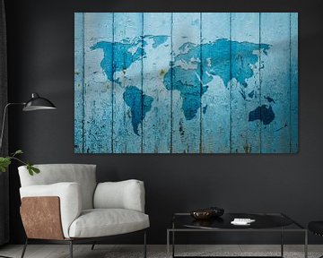 World map on blue wooden boards by WereldkaartenShop