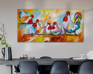 Vrolijke Kippen Op Stok van Vrolijk Schilderij