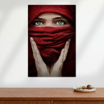 Penetrating Photo of Woman in Red Veil - Powerful Gaze with Green Eyes (seen at vtwonen) by Elianne van Turennout