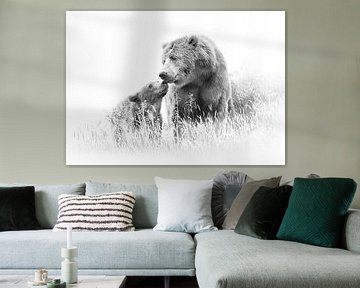 Ours grizzly avec jeune en noir et blanc sur Diana van Tankeren
