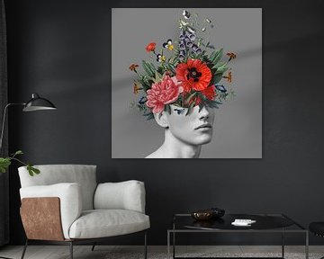 Self-portrait with flowers 5 (grey)