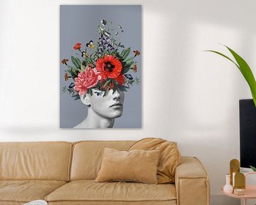 Zelfportret met bloemen 5 (blauwgrijs staand) van toon joosen