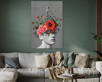 Zelfportret met bloemen 5 (grijs staand) van toon joosen
