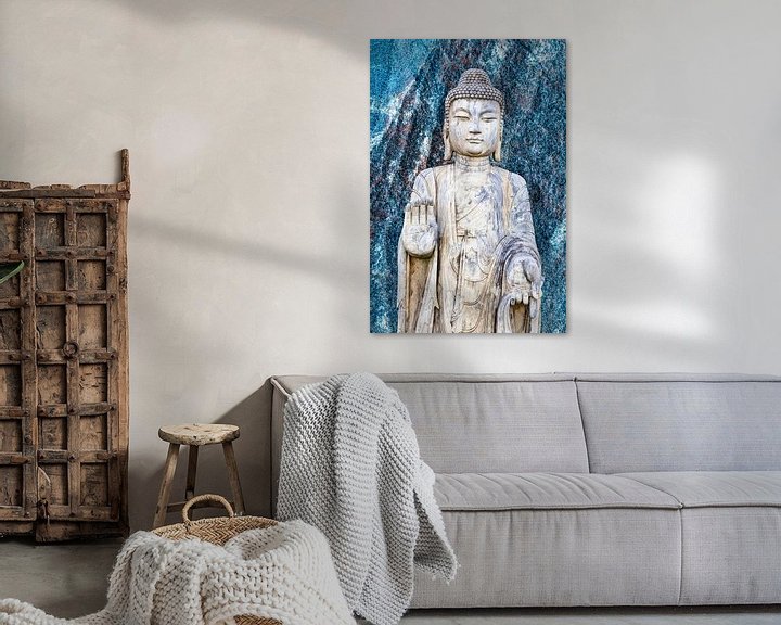 Sfeerimpressie: Boeddhabeeld voor een blauwe granieten muur van 2BHAPPY4EVER.com photography & digital art