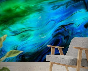 panorama of liquid colors, green and blue by Marjolijn van den Berg