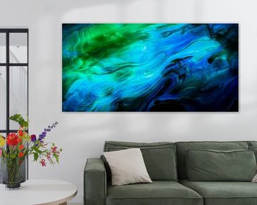 panorama of liquid colors, green and blue by Marjolijn van den Berg