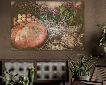 Stilleven met pompoen, appels en zonnebloemen van Martin Bergsma
