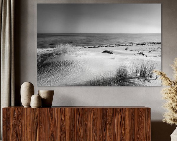 Les dunes et la mer en noir et blanc