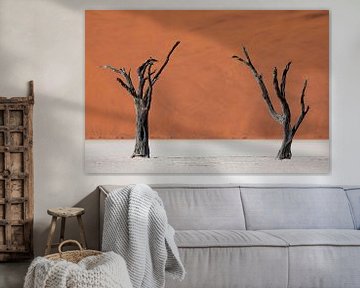 Twee dode bomen voor rode zandduinen in de Dodevlei / Sossusvlei, Namibië van Martijn Smeets