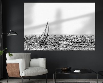 Minimalist black-and-white artwork of a sailboat near Vlissingen (Zeeland) by Art by Jeronimo