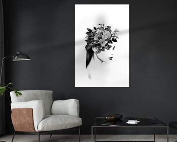 Monochrome Bloom - A black and white collage featuring a young woman with flowers in her hair.