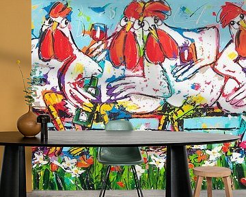 Hühner auf Fahrräd von Vrolijk Schilderij