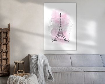 Typographie Tour Eiffel | Aquarelle rose sur Melanie Viola
