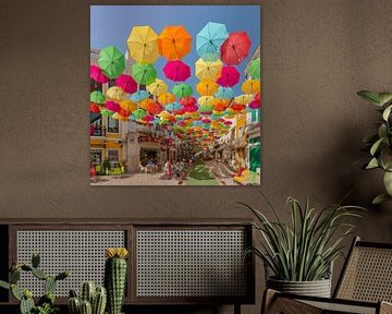 Umbrella Sky Project, street covered with bold coloured umberllas, Águeda, Portugal, Beira Litoral,  by Rene van der Meer