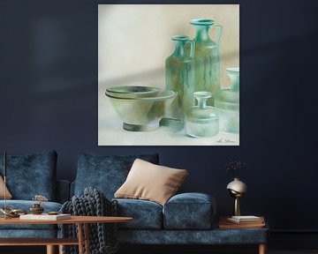 Still life of Roman glass bottles and bowls in shades of green by Ine Straver