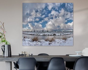 Windmills at the river Zaan and a snowy field, Zaandam, Noord-Holland, , Netherlands