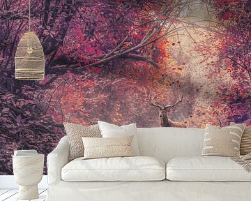 Majestic Deer in Enchanting Red Forest - Breathtaking Autumn Photo for Interiors