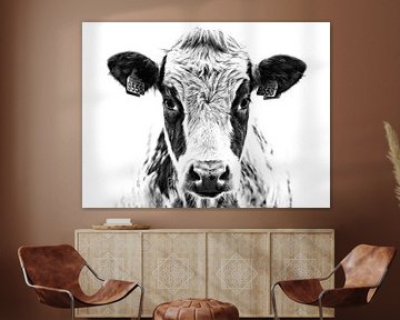 Portret van een nieuwsgierige koe in zwart-wit van Jessica Berendsen