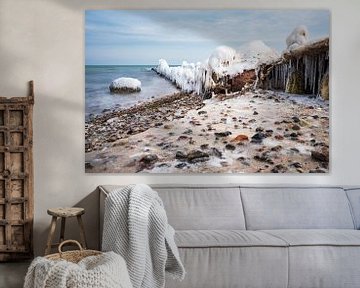 Groynes on shore of the Baltic Sea in winter time