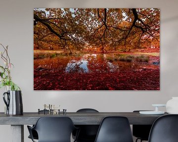 Autumnal lake covered by red leaves by Gea Gaetani d'Aragona