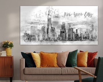 Modern Art NYC Manhattan Skyline | Aquarell monochrom