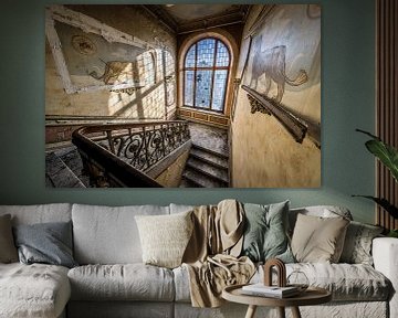 Staircase with stained-glass windows and lions by Inge van den Brande