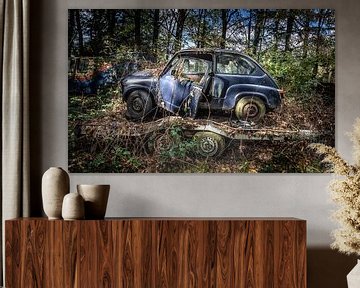 Oldtimer car Fiat 600 in the woods by Inge van den Brande