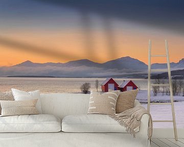 Norwegian Winter landscape with red huts by the sea by Adelheid Smitt