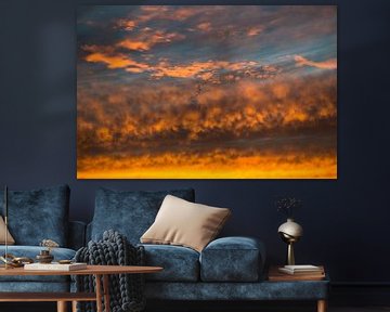 Ganzen steken af tegen door de zon gekleurde wolken van Peter Bouwknegt