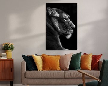 Porträt einer Löwin, schwarz-weiß von Heino Minnema
