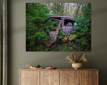 Voiture rouillée et abandonnée dans les bois sur Patrick Verhoef