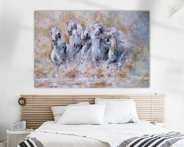 schilderij 'witte paarden",  "white horses running.."