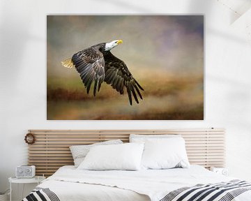 American Bald Eagle Flying In Orange Storm Clouds