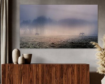 Foggy landscape with horses and trees by Kim Bellen