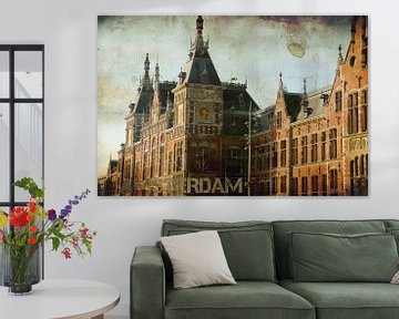 Centraal Station Amsterdam in mixed art vintage look