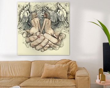 nackte Frauen zusammen in zwei schützenden Händen mit Friedenstaube von Cor Heijnen