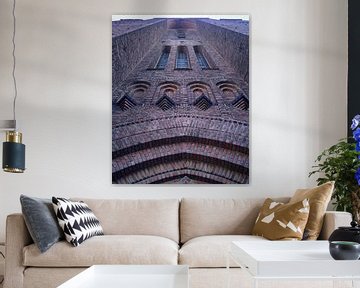 Brick church tower of the Saint-Adrian church in Ixelles, Brussels, Belgium. View from the bottom to by Deborah Blanc