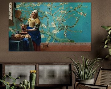 Melkmeisje van Vermeer met Amandel bloesem behang van Van Gogh