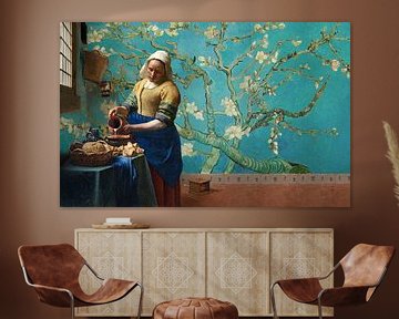 Melkmeisje van Vermeer met Amandel bloesem behang van Gogh van Lia Morcus