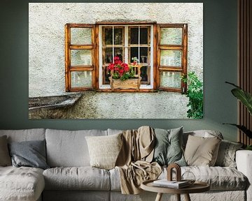 Wooden window with flower box and red geraniums van Gunter Kirsch