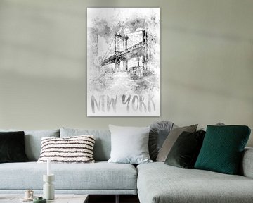 Monochrome kunst NYC Manhattan Bridge | Waterverf van Melanie Viola