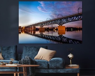 Trainbridge Visé Reflection blue sky on water with trainbridge architecture landscape by Dorus Marchal