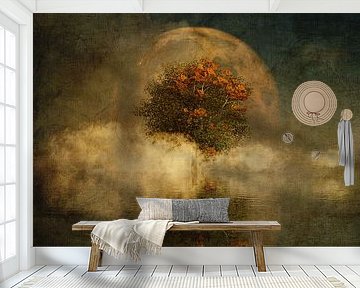 Dream landscape – Full moon with an American beech in the mist by Jan Keteleer