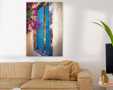 View through santorini with beautiful bougainvillea flowers by Tonny Visser-Vink