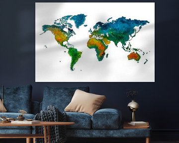 World map with cheerful colours | Watercolour painting by WereldkaartenShop