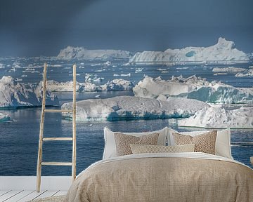 Landschap met ijsbergen en boot van Chris Stenger