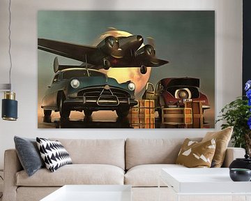 Classic –  Retro  Old-timer cars with departing plane by Jan Keteleer