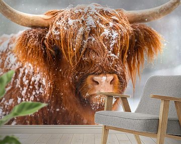 Portret van een Schotse Hooglander in de sneeuw van Sjoerd van der Wal Fotografie