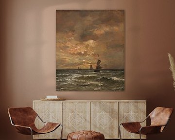 Ondergaande zon met woelige zee, Hendrik Willem Mesdag